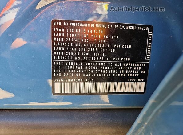 3VVGR7RM3SM018805 2025 VOLKSWAGEN TIGUAN Blue Սալոնի 360 աստիճան տեսք
