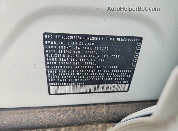 3VVGR7RM3TM078049 2026 VOLKSWAGEN TIGUAN White VIN կոդի պիտակի տեսք