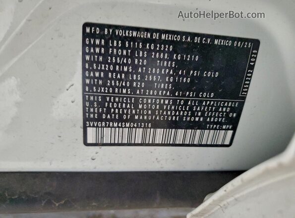 3VVGR7RM4SM041316 2025 VOLKSWAGEN TIGUAN White VIN კოდის სტიკერის ხედი