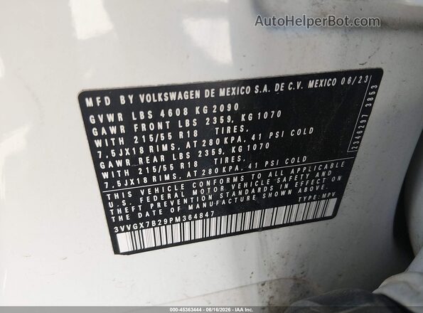 3VVGX7B29PM364847 2023 VOLKSWAGEN TAOS White Vista del compartimento del motor
