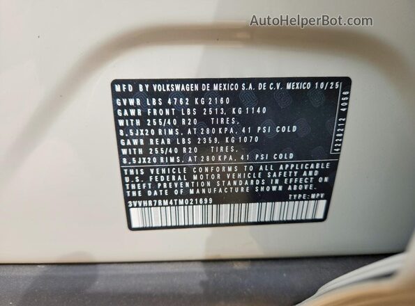 3VVHR7RM4TM021699 2026 VOLKSWAGEN TIGUAN White 