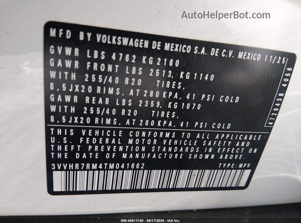 3VVHR7RM4TM041662 2026 VOLKSWAGEN TIGUAN White Vista del compartimento del motor