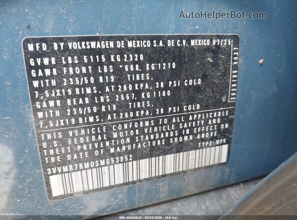 3VVMR7RM0SM053952 2025 VOLKSWAGEN TIGUAN Blue ძრავის განყოფილების ხედი