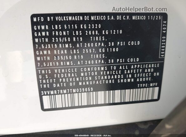 3VVMR7RM7TM039659 2026 VOLKSWAGEN TIGUAN White Widok komory silnika