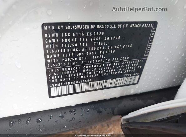 3VVMR7RM9SM045560 2025 VOLKSWAGEN TIGUAN White Вид підкапотного простору