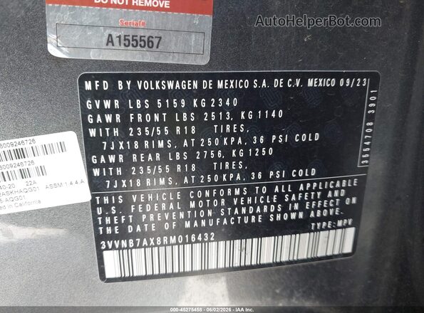 3VVNB7AX8RM016432 2024 VOLKSWAGEN TIGUAN Gray Engine compartment view