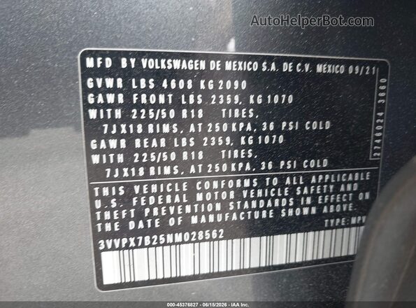 3VVPX7B25NM028562 2022 VOLKSWAGEN TAOS Gray ძრავის განყოფილების ხედი