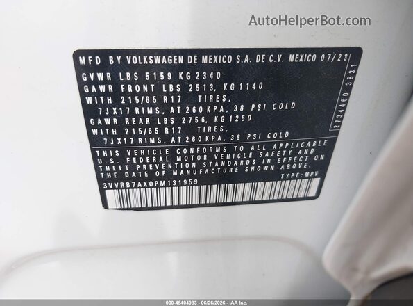 3VVRB7AX0PM131959 2023 VOLKSWAGEN TIGUAN White Вид підкапотного простору