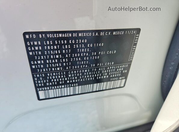 3VVRB7AX6RM227405 2024 VOLKSWAGEN TIGUAN White VIN კოდის სტიკერის ხედი
