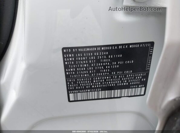 3VVRB7AXXPM131225 2023 VOLKSWAGEN TIGUAN White Вид підкапотного простору