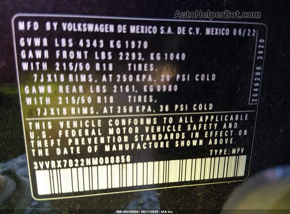 3VVRX7B22NM088856 2022 VOLKSWAGEN TAOS Black Vista del compartimento del motor
