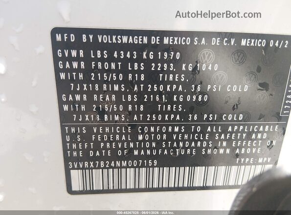 3VVRX7B24NM007159 2022 VOLKSWAGEN TAOS White Շարժիչի բաժամունքի տեսք