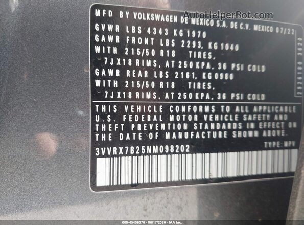 3VVRX7B25NM098202 2022 VOLKSWAGEN TAOS Gray Շարժիչի բաժամունքի տեսք