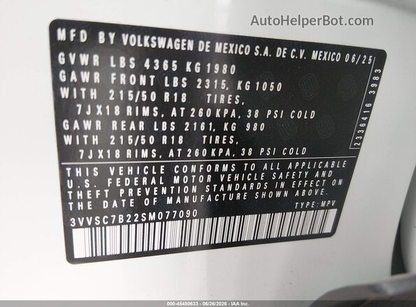 3VVSC7B22SM077090 2025 VOLKSWAGEN TAOS White Շարժիչի բաժամունքի տեսք