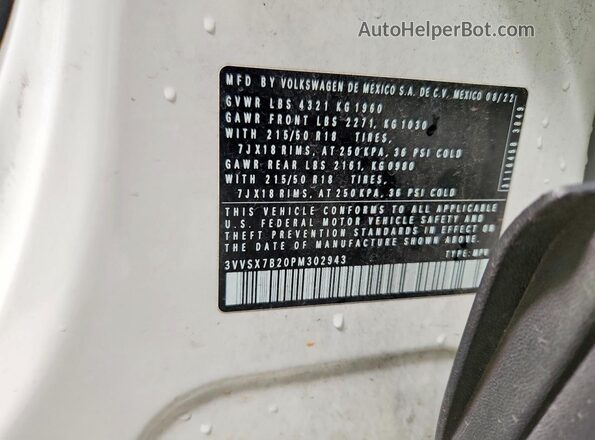 3VVSX7B20PM302943 2023 VOLKSWAGEN TAOS White VIN կոդի պիտակի տեսք