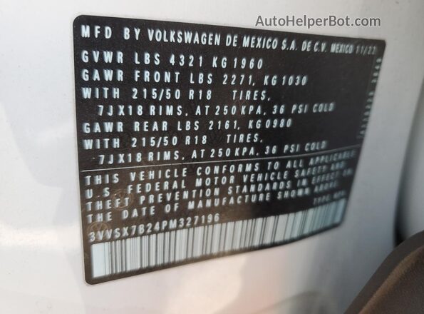 3VVSX7B24PM327196 2023 VOLKSWAGEN TAOS White Widok naklejki z numerem VIN