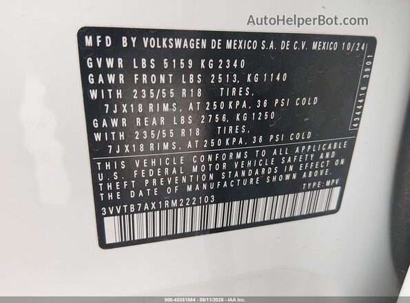 3VVTB7AX1RM222103 2024 VOLKSWAGEN TIGUAN White Widok komory silnika