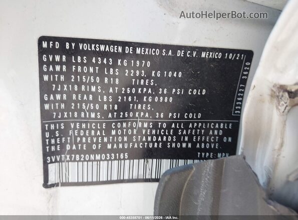 3VVTX7B20NM033165 2022 VOLKSWAGEN TAOS White Շարժիչի բաժամունքի տեսք