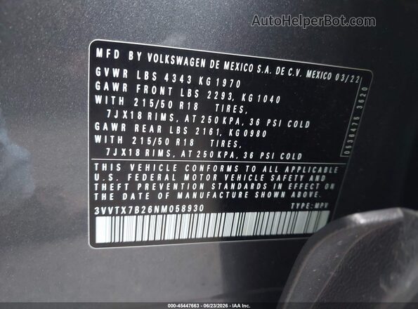 3VVTX7B26NM058930 2022 VOLKSWAGEN TAOS Gray Vista del compartimento del motor