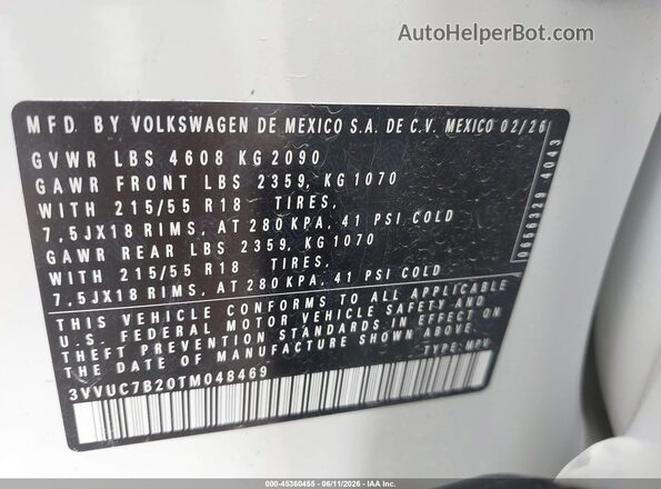 3VVUC7B20TM048469 2026 VOLKSWAGEN TAOS Белый 
