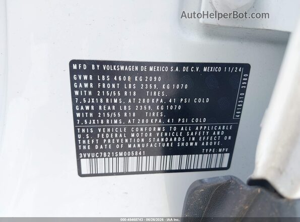 3VVUC7B21SM005841 2025 VOLKSWAGEN TAOS White Շարժիչի բաժամունքի տեսք