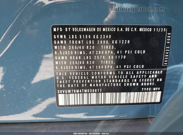 3VVUW7RM4TM038817 2026 VOLKSWAGEN TIGUAN Blue Vista del compartimento del motor