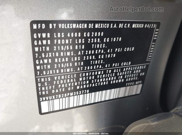 3VVUX7B28PM353776 2023 VOLKSWAGEN TAOS Серебряный Вид подкапотного пространства