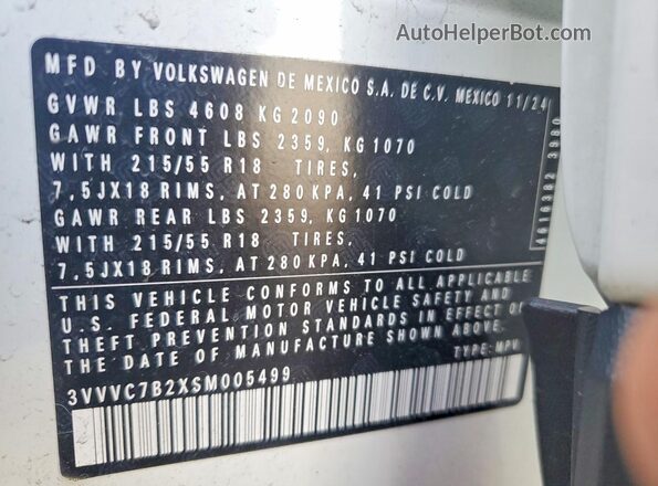 3VVVC7B2XSM005499 2025 VOLKSWAGEN TAOS White VIN კოდის სტიკერის ხედი