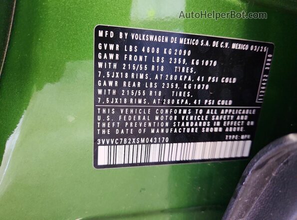 3VVVC7B2XSM043170 2025 VOLKSWAGEN TAOS Зеленый Вид наклейки с VIN-кодом
