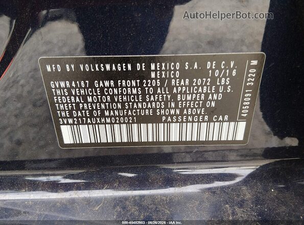 3VW217AUXHM020021 2017 VOLKSWAGEN GOLF Синий Вид подкапотного пространства