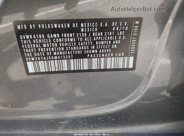 3VW267AJ5GM413267 2016 VOLKSWAGEN JETTA Gray ძრავის განყოფილების ხედი