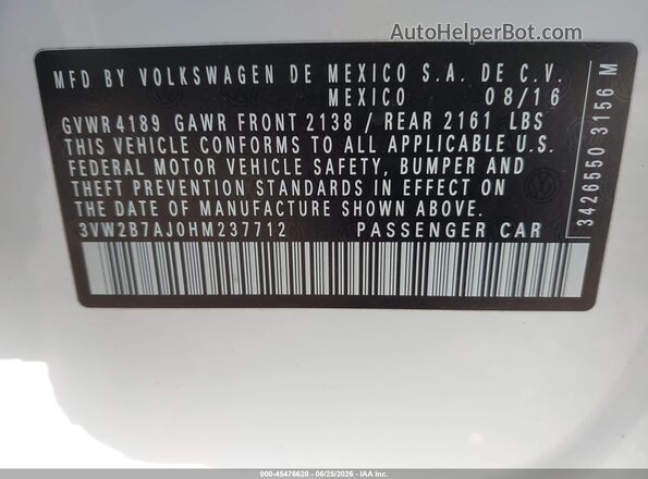 3VW2B7AJ0HM237712 2017 VOLKSWAGEN JETTA White Շարժիչի բաժամունքի տեսք