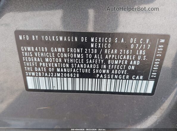 3VW2B7AJ2JM206628 2018 VOLKSWAGEN JETTA Gray Շարժիչի բաժամունքի տեսք