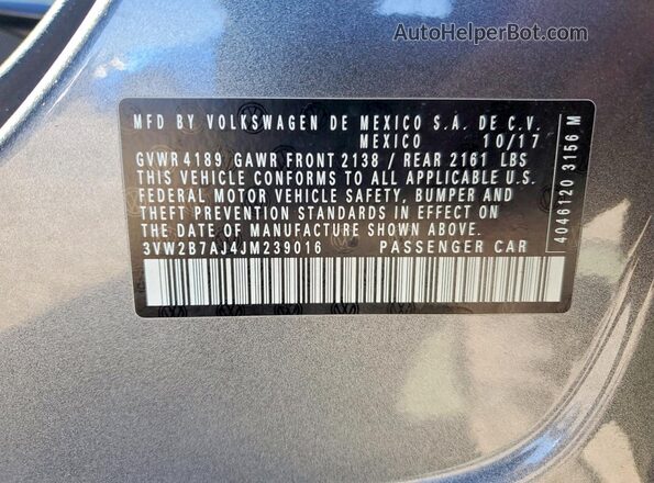 3VW2B7AJ4JM239016 2018 VOLKSWAGEN JETTA Gray 