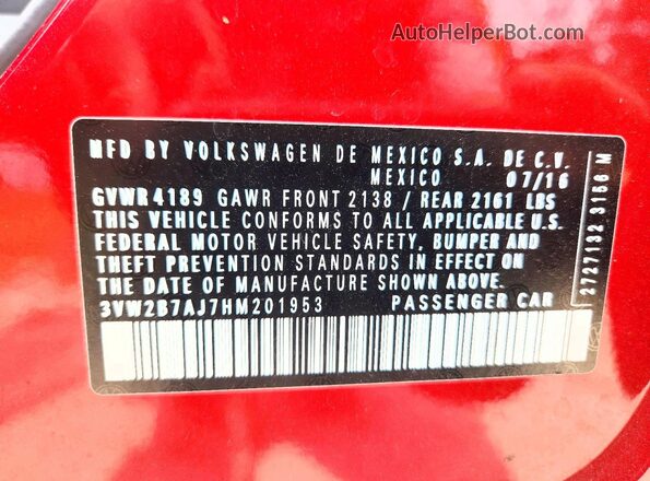 3VW2B7AJ7HM201953 2017 VOLKSWAGEN JETTA Red Շարժիչի բաժամունքի տեսք