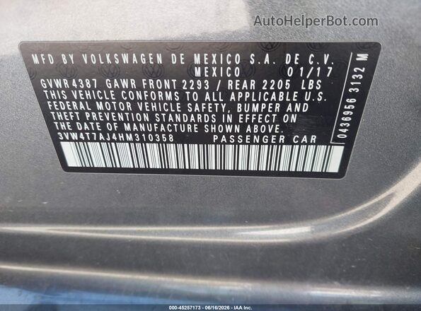 3VW4T7AJ4HM310358 2017 VOLKSWAGEN JETTA Gray Շարժիչի բաժամունքի տեսք