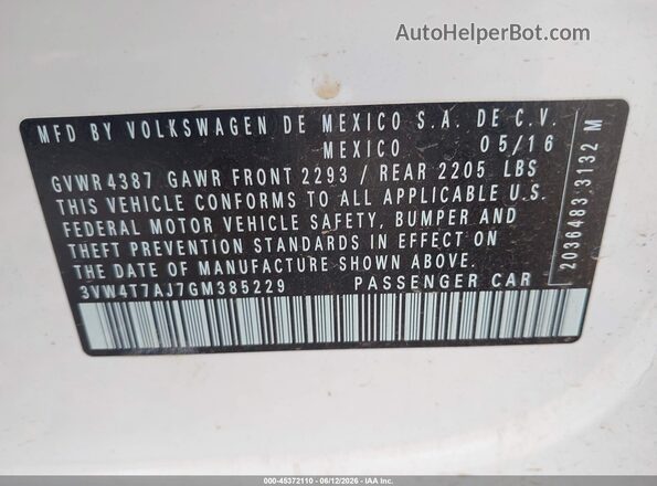 3VW4T7AJ7GM385229 2016 VOLKSWAGEN JETTA White Вид підкапотного простору