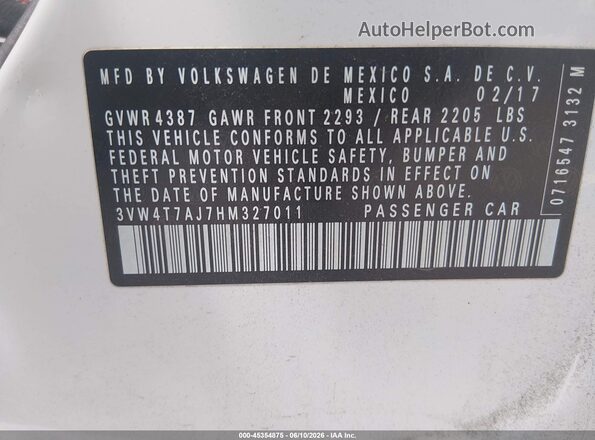 3VW4T7AJ7HM327011 2017 VOLKSWAGEN JETTA Белый 