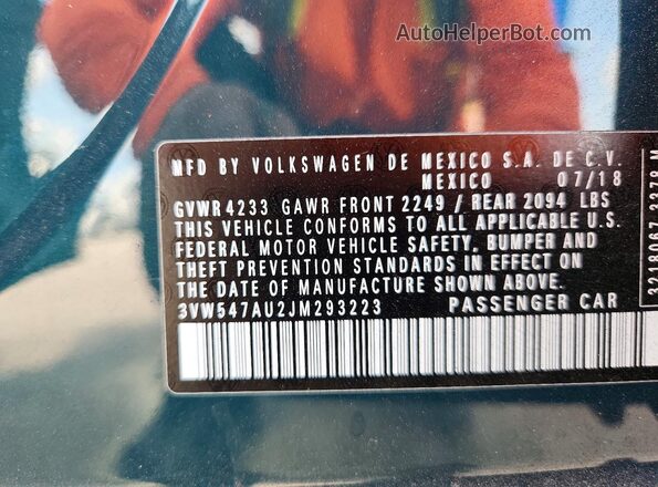 3VW547AU2JM293223 2018 VOLKSWAGEN GTI Зеленый Вид наклейки с VIN-кодом