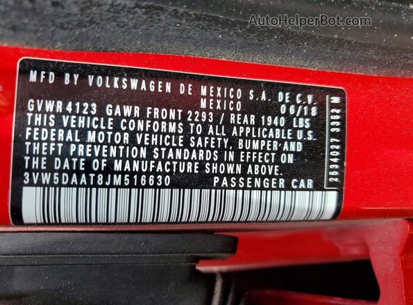 3VW5DAAT8JM516630 2018 VOLKSWAGEN BEETLE Red Vista de la etiqueta del VIN