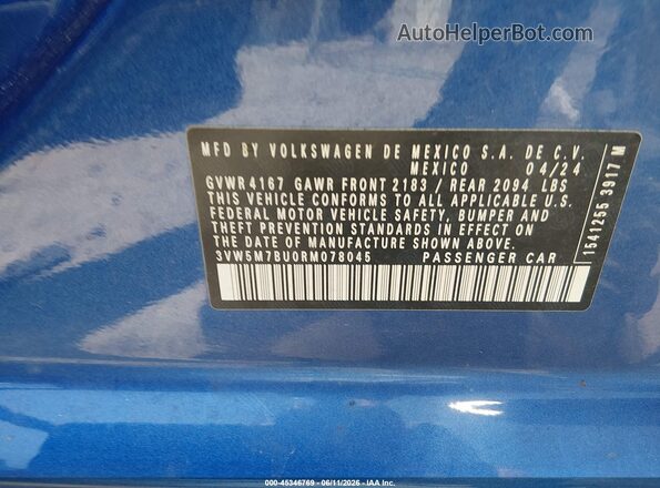 3VW5M7BU0RM078045 2024 VOLKSWAGEN JETTA Blue Widok komory silnika