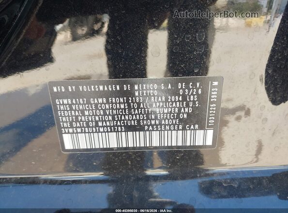 3VW5W7BU9TM051783 2026 VOLKSWAGEN JETTA Black ძრავის განყოფილების ხედი