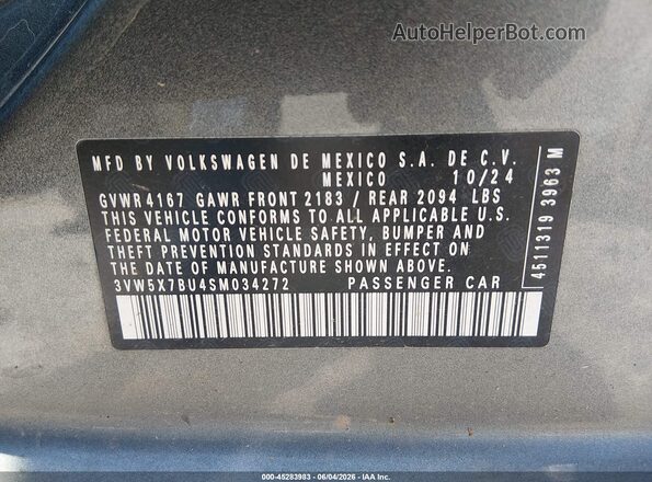 3VW5X7BU4SM034272 2025 VOLKSWAGEN JETTA Gray ძრავის განყოფილების ხედი