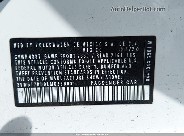 3VW6T7BU0LM026669 2020 VOLKSWAGEN JETTA White Вид підкапотного простору