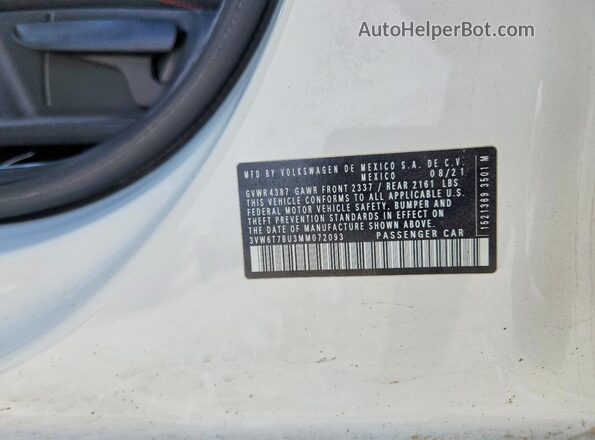 3VW6T7BU3MM072093 2021 VOLKSWAGEN JETTA Белый Вид наклейки с VIN-кодом