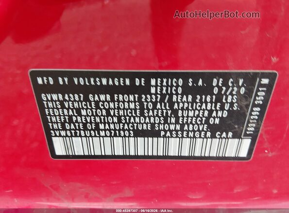 3VW6T7BU9LM071903 2020 VOLKSWAGEN JETTA Red Շարժիչի բաժամունքի տեսք