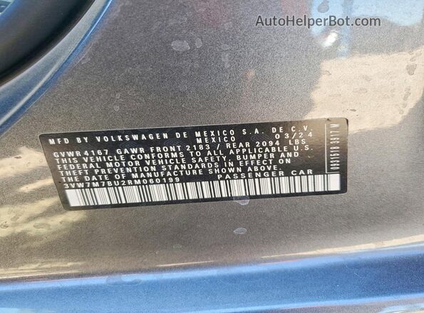 3VW7M7BU2RM060199 2024 VOLKSWAGEN JETTA Charcoal VIN կոդի պիտակի տեսք