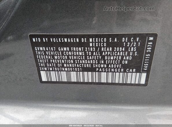3VW7M7BU7NM001031 2022 VOLKSWAGEN JETTA Серый Вид подкапотного пространства