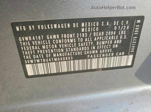 3VW7W7BU4TM040893 2026 VOLKSWAGEN JETTA Gray Vista de la etiqueta del VIN
