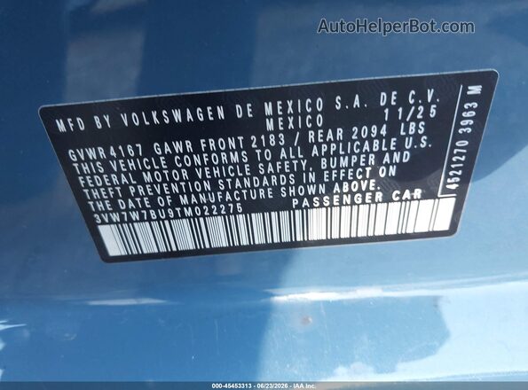 3VW7W7BU9TM022275 2026 VOLKSWAGEN JETTA Blue Engine compartment view